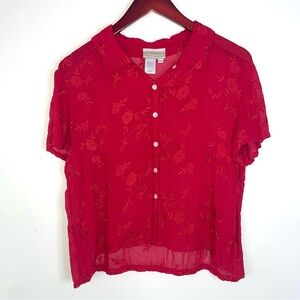 Coldwater Creek Sheer Floral Blouse button-up vintage red petite small